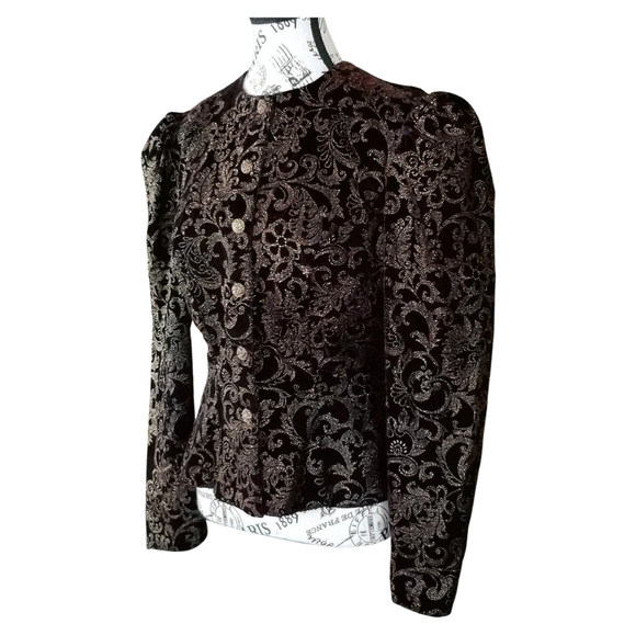Elegant Black Brocade Jacket With Golden Details And Puffed Sleeves - Picture 3 of 4